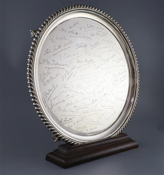 A George V large silver circular salver, with presentation inscription to Lieutenant Colonel Norman Tronson dated 1929,